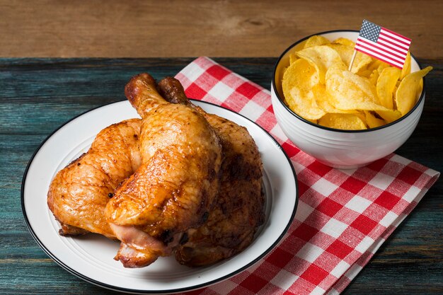 Muslos de pollo de alto ángulo en un plato con patatas fritas