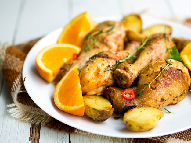 Foto gratuita muslos de pollo guisados con hierbas aromáticas