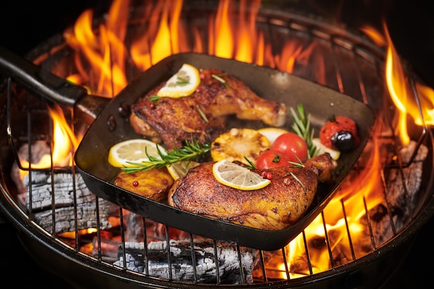 Muslos de pollo a la plancha a la parrilla en llamas con verduras asadas con tomates, patatas, semillas de pimiento, sal.