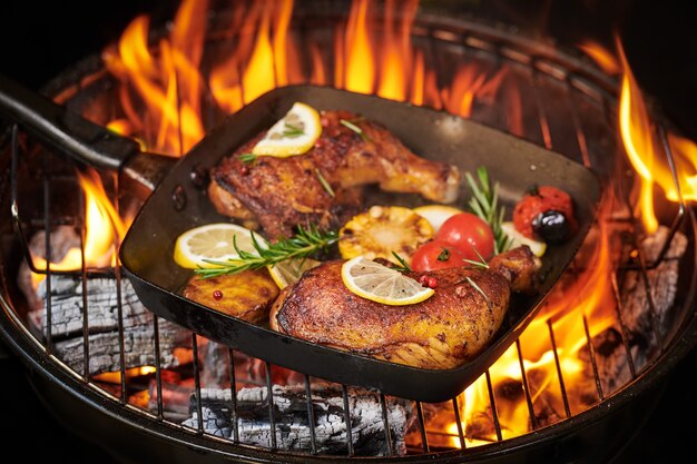 Muslos de pollo a la plancha a la parrilla en llamas con verduras asadas con tomates, patatas, semillas de pimiento, sal.