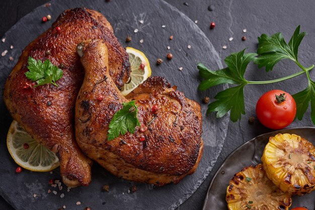 Muslos de pollo a la plancha en salsa barbacoa con semillas de pimienta, perejil, sal en un plato de piedra negra sobre una mesa de piedra negra.