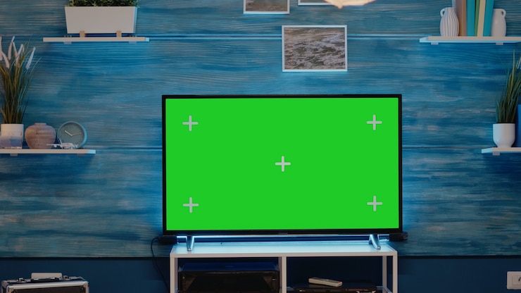 Foto gratuito nadie en piso con pantalla de tv de pantalla verde