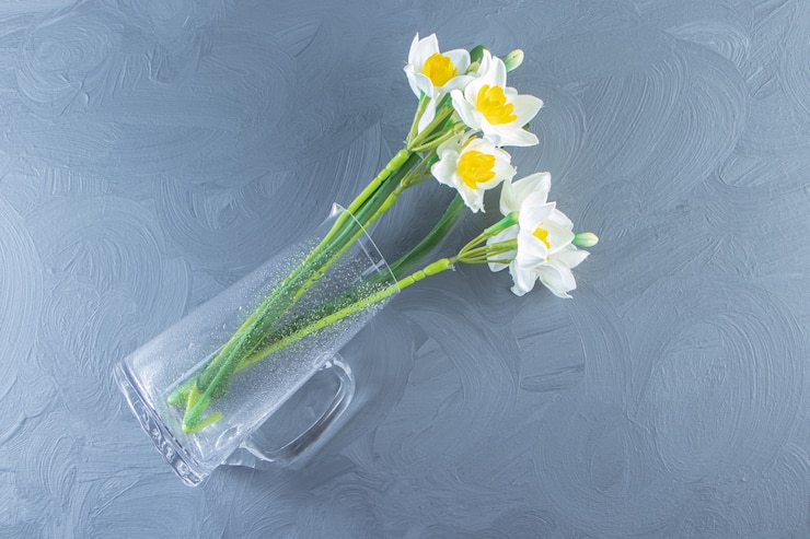 Foto gratuito narciso en una jarra de vidrio, sobre la mesa blanca.