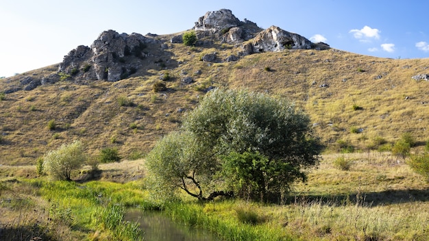 Naturaleza de Moldavia, colina con pendiente rocosa y escasa vegetación