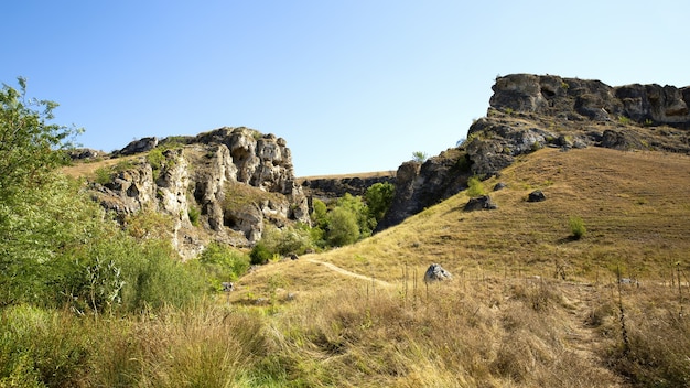 Naturaleza de Moldavia, desfiladero con pendientes rocosas, frondosos árboles y ruta de senderismo en el fondo