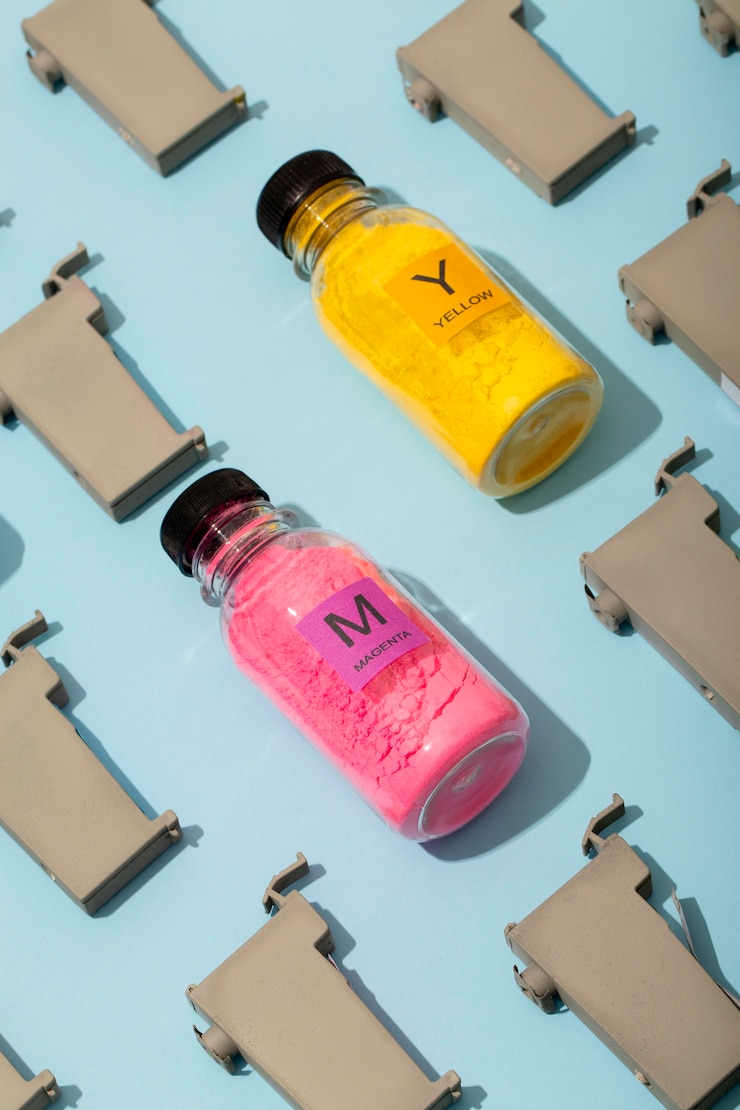 Foto gratuito naturaleza muerta composición de tóners cmyk