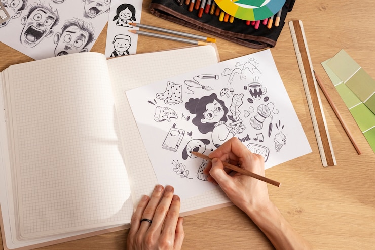 Foto gratuito naturaleza muerta de un estudio de diseño gráfico