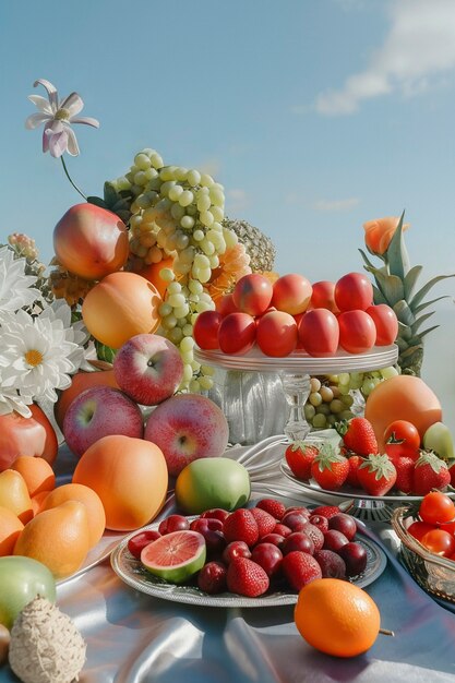 Naturaleza muerta de frutas en el mantel