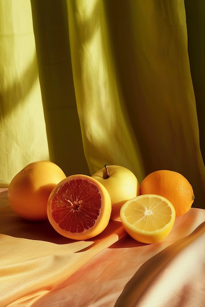 Foto gratuita naturaleza muerta de frutas en el mantel