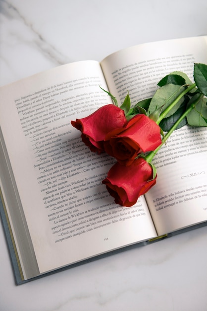 Naturaleza muerta de hermosas rosas rojas para la celebración de Sant Jordi