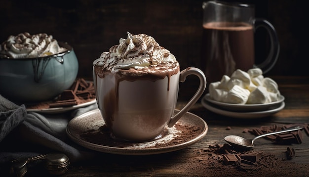 Foto gratuita naturaleza muerta de una taza de chocolate caliente gourmet generada por ia