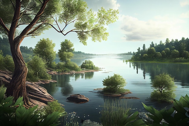 Natures Beauty Tranquil Forest con IA generativa de lago