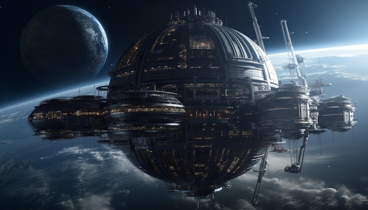 Foto gratuito nave espacial futurista explora el planeta en órbita de la galaxia en la noche generada por ia