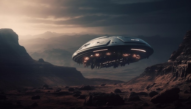 Nave espacial futurista sobrevuela una majestuosa cordillera en un paisaje alienígena generado por IA