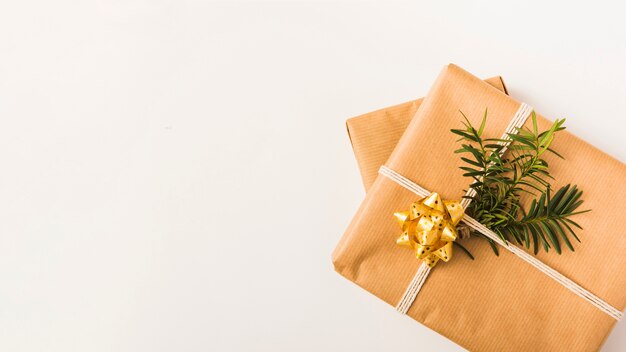 Navidad envuelto regalos con rama de abeto y lazo dorado.