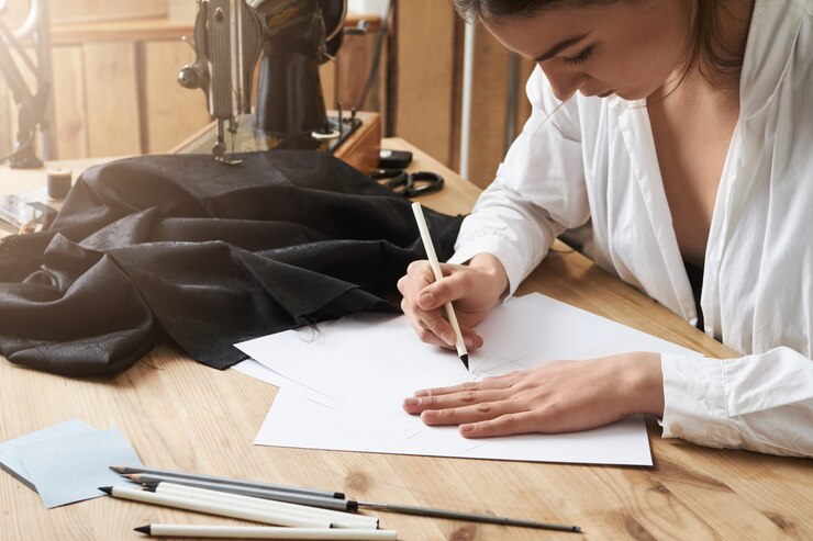 Foto gratuito necesito escribirlo hasta que se me haya olvidado. diseñadora de ropa creativa enfocada sentada en el taller y dibujando un nuevo proyecto de ropa que coserá en la máquina de coser. primero es el siguiente plan - acción