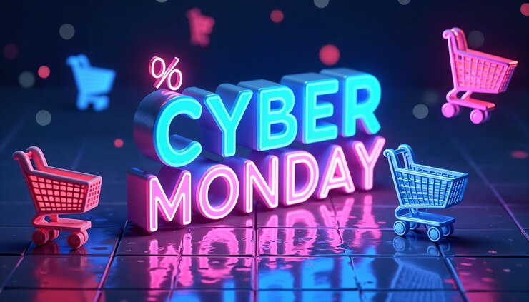 Foto gratuito neon 3d plantilla de celebración del lunes cibernético