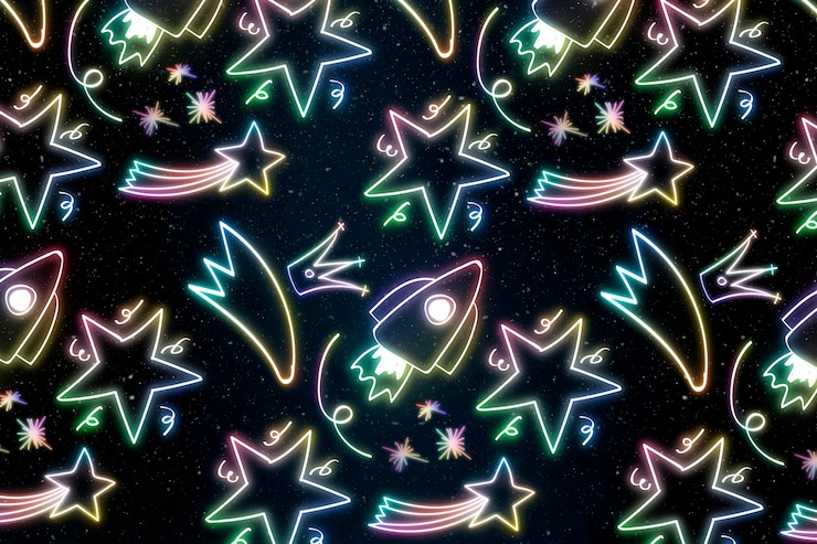 Photo Gratis neon rocket star doodle pattern background
