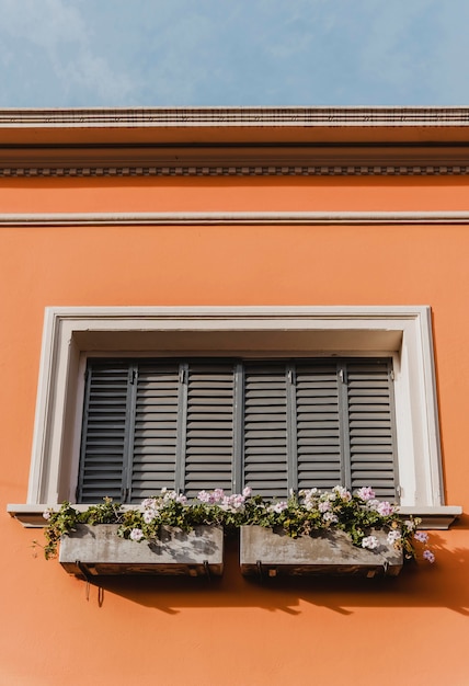 Ángulo bajo de la ventana del edificio en la ciudad.