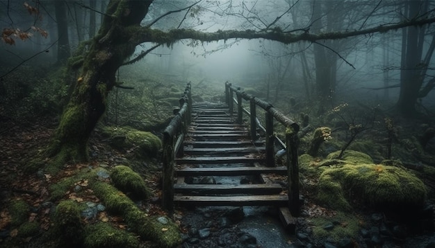 Niebla espeluznante envuelve bosque misterioso en otoño generado por IA