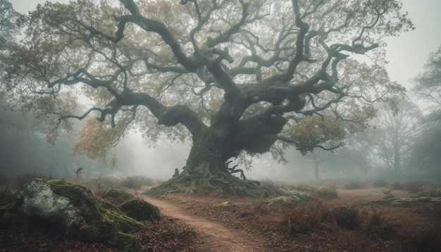 Niebla espeluznante envuelve misterio en bosque otoñal generado por IA