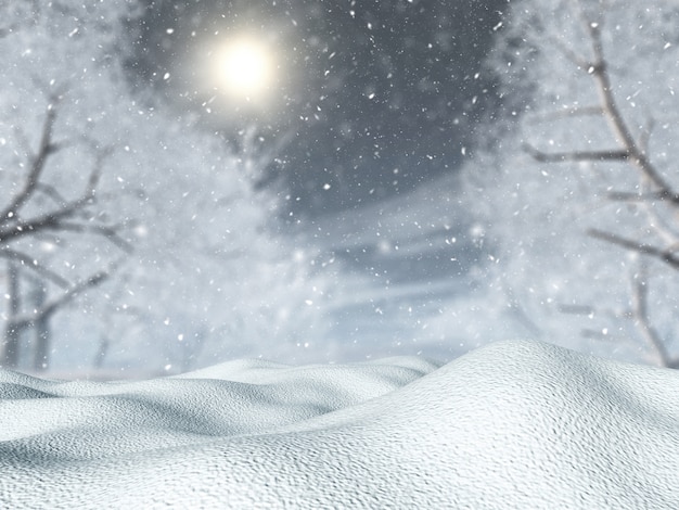 Nieve en 3D contra un paisaje de árboles en una ventisca