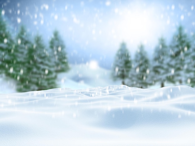 Nieve de invierno 3D contra un paisaje de árbol de Navidad desenfocado