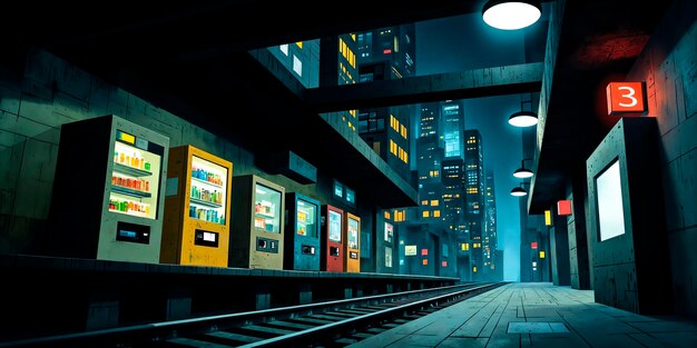 Nighttime subway station with vending machines