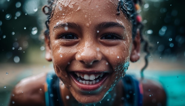 Una niña alegre jugando bajo la lluvia generada por IA