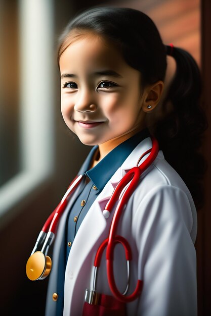 Una niña con una bata de laboratorio blanca con un estetoscopio alrededor del cuello