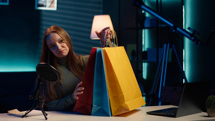 Foto gratuito niña con bolsas de compras coloridas en la mano mostrándolas a los suscriptores
