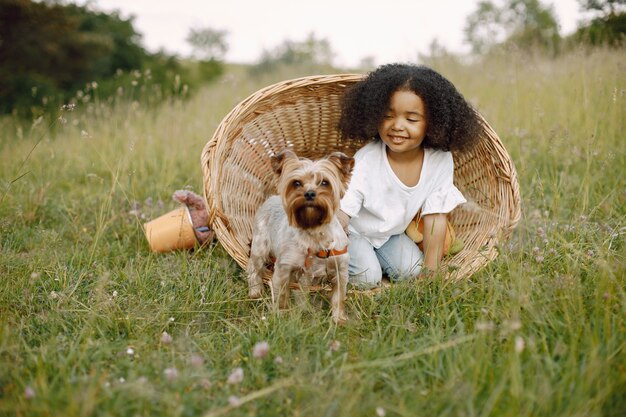 Niña en canasta de mimbre con perro Yorkshire Terrier en la luz del sol en verano. Niño feliz en el campo de la naturaleza sobre un césped