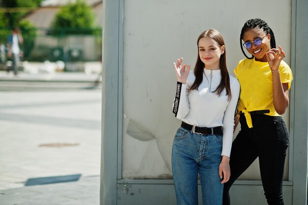 Niña caucásica blanca y afroamericana negra juntos Unidad mundial amor racial comprensión en tolerancia y diversidad de razas cooperación