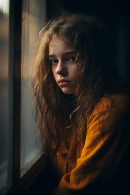 Niña deprimida junto a la ventana