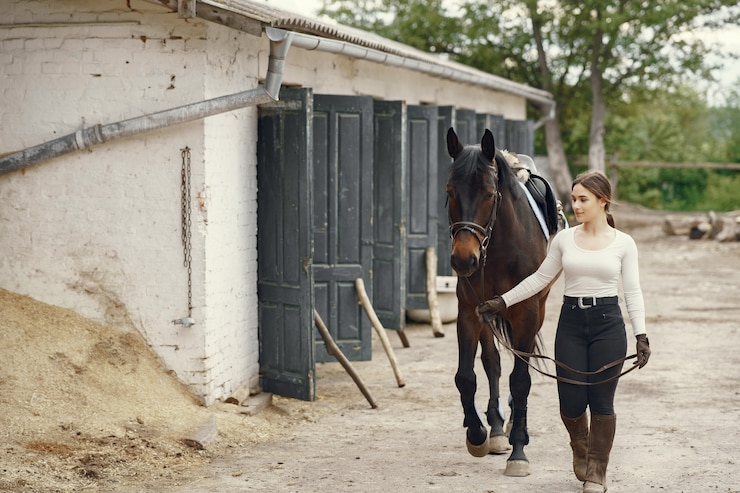 Foto gratuito niña elegante en una granja con un caballo