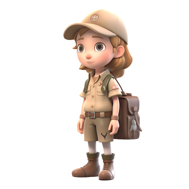 Niña exploradora con mochila y gorra en fondo blanco renderizado en 3D