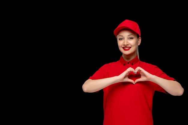 Niña feliz del día de la camisa roja con manos en forma de corazón en una gorra roja con camisa y lápiz labial brillante