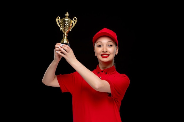 Niña feliz del día de la camisa roja que muestra un trofeo dorado en una gorra roja con camisa y lápiz labial brillante