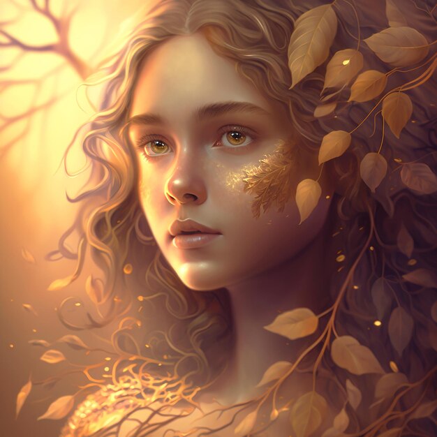 Una niña con hojas doradas en un bosque.