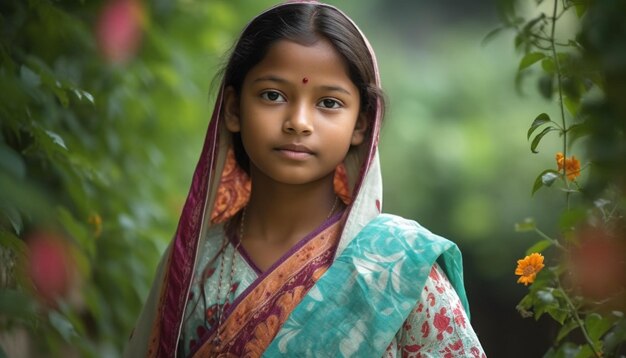 Niña india sonriente con sari tradicional al aire libre generada por IA