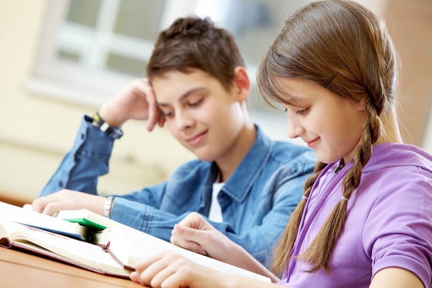 Niña inteligente estudiando con compañero de fondo