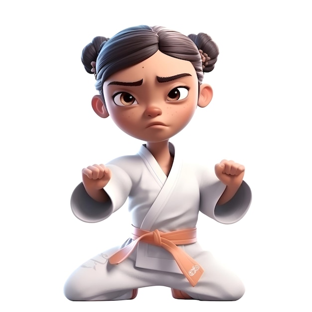 Foto gratuita niña de karate en kimono en postura de lucha renderización en 3d