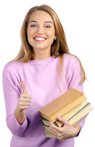 Niña con libro aislado sobre un fondo blanco.