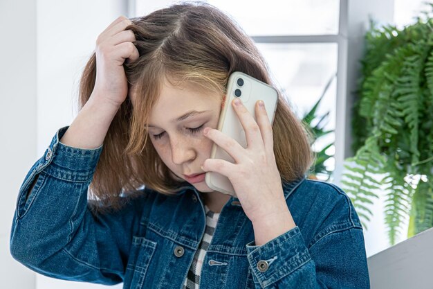 Niña linda en una camisa de mezclilla hablando por teléfono