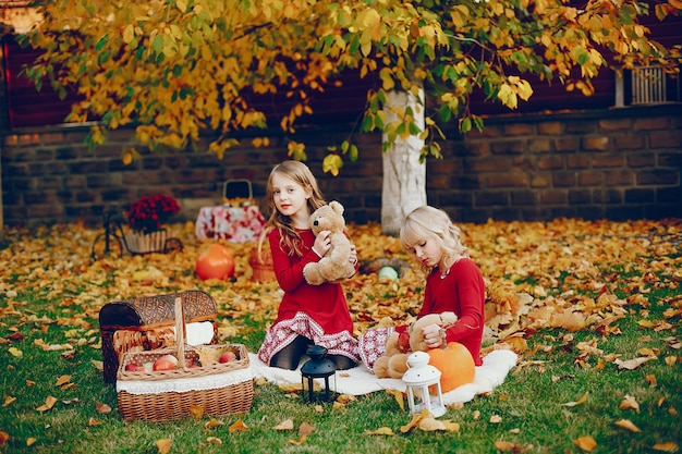 Niña linda en un parque de otoño