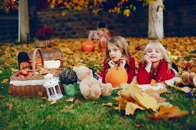 Niña linda en un parque de otoño