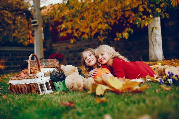 Niña linda en un parque de otoño