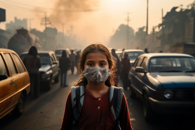 Niña con mascarilla por contaminación extrema