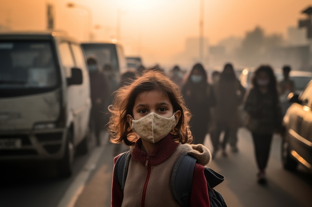 Foto gratuita niña con mascarilla por contaminación extrema