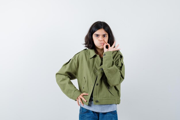 Niña mostrando gesto bien, labios curvados en abrigo, camiseta, jeans y mirando confiado, vista frontal.